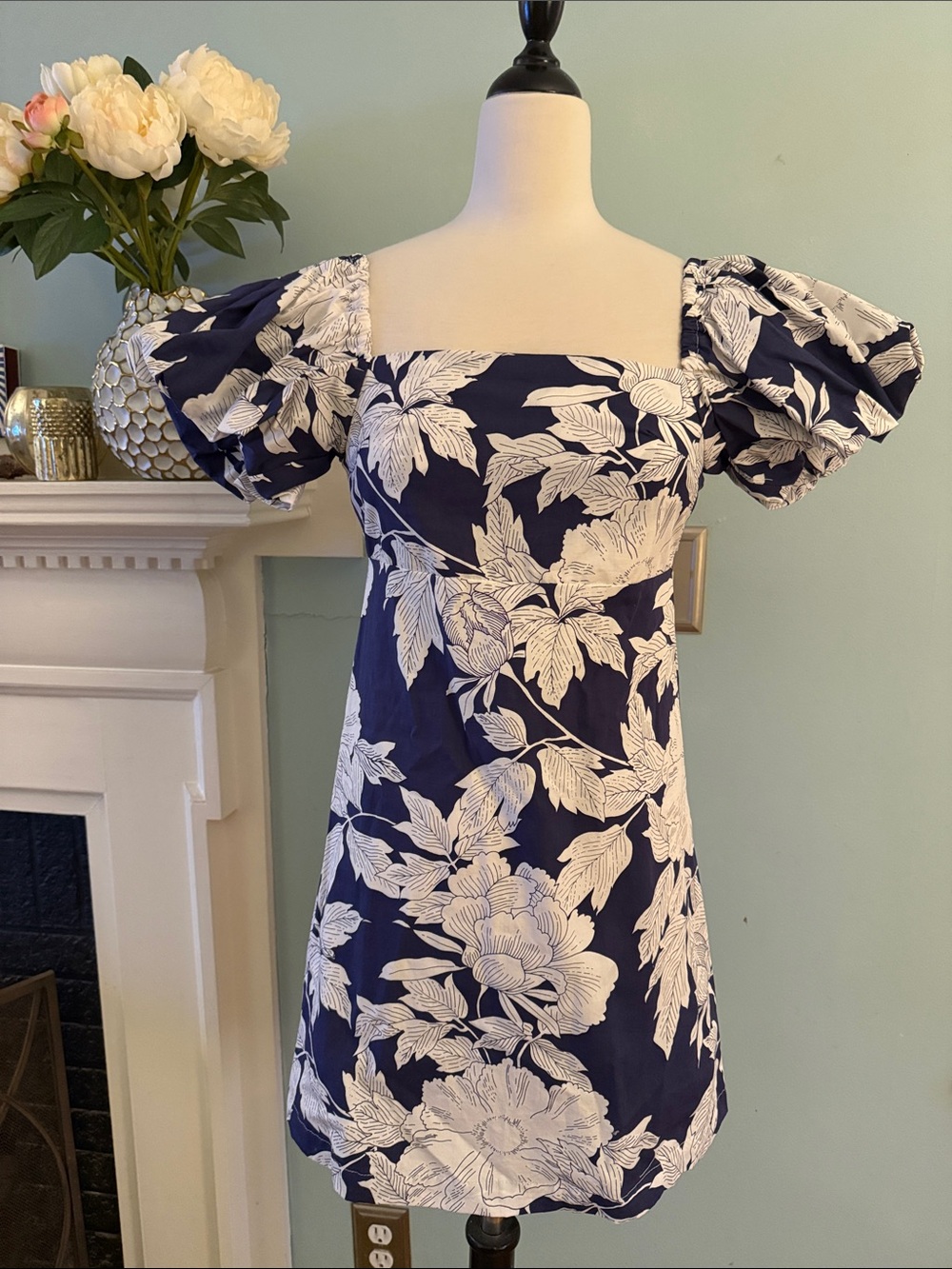Navy Floral Square-Neck Puff Sleeve Mini Dress